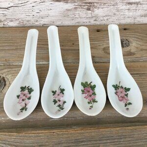 Set of 4 Vintage Chinese Floral Soup Rice Spoons With Pink Flower Design